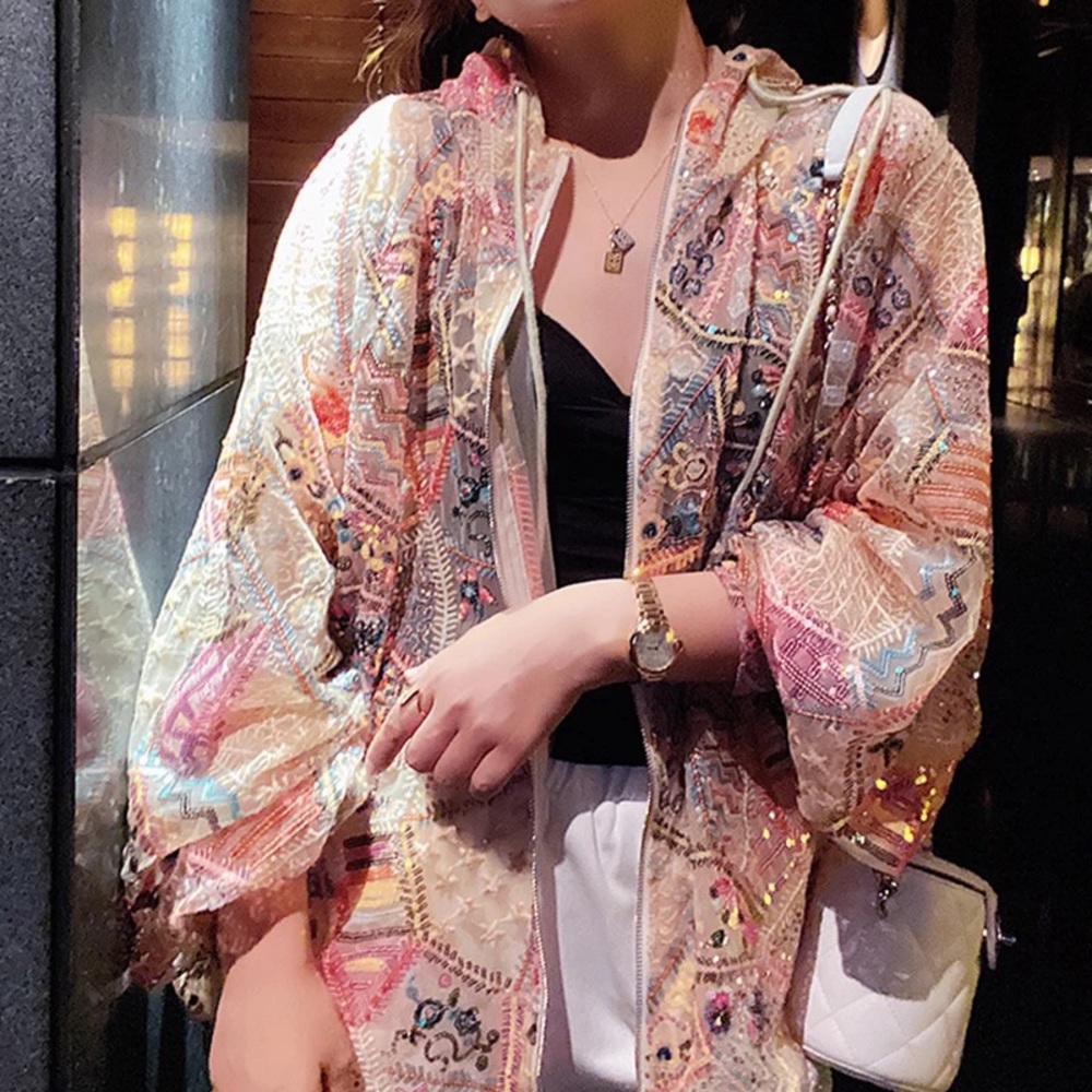 🌸HP🛼 Sequin jacket bomber womens hoodie top zip up rainbow - Picture 4 of 11